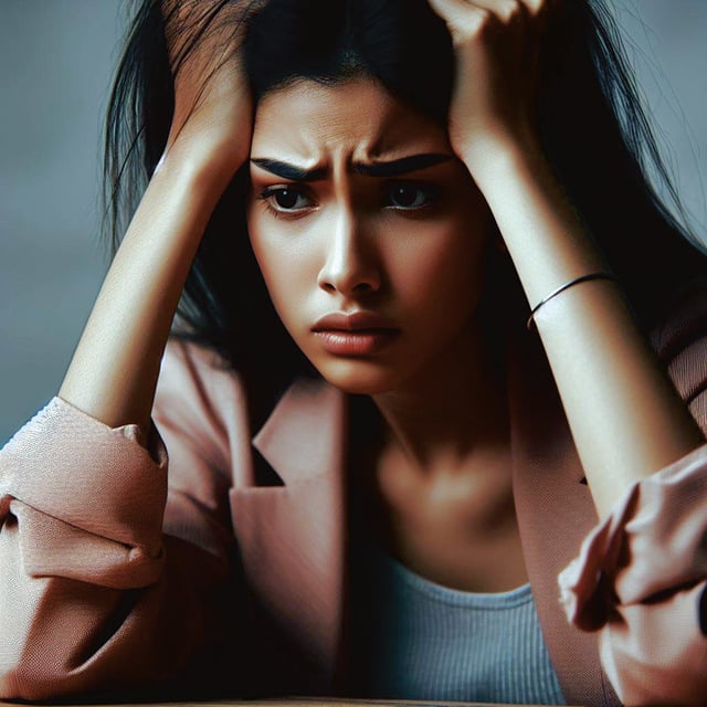 Femme qui se tient la tête entre les mains