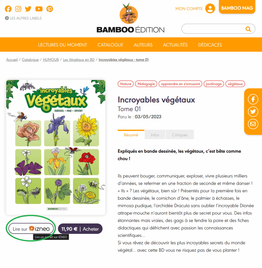 Capture d'écran de la BD "incroyables végétaux sur le site Bambou. On voit un bouton qui permet de lire un extrait en ligne.