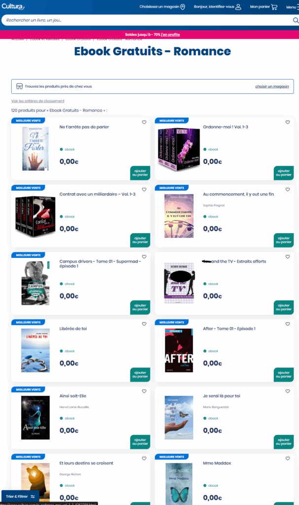 Capture d'écran du site Cultura catégorie ebooks romance gratuits