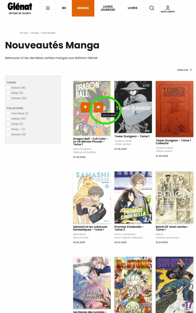 Capture d'écran du catalogue de nouveautés mangas de Glénat. On voit qu'un bouton permet de lire un extrait.