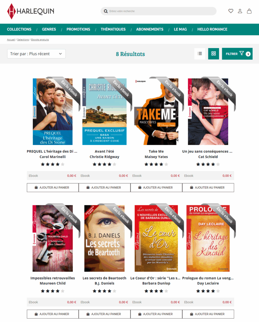 Capture d'écran de la catégorie ebooks gratuits chez Harlequin