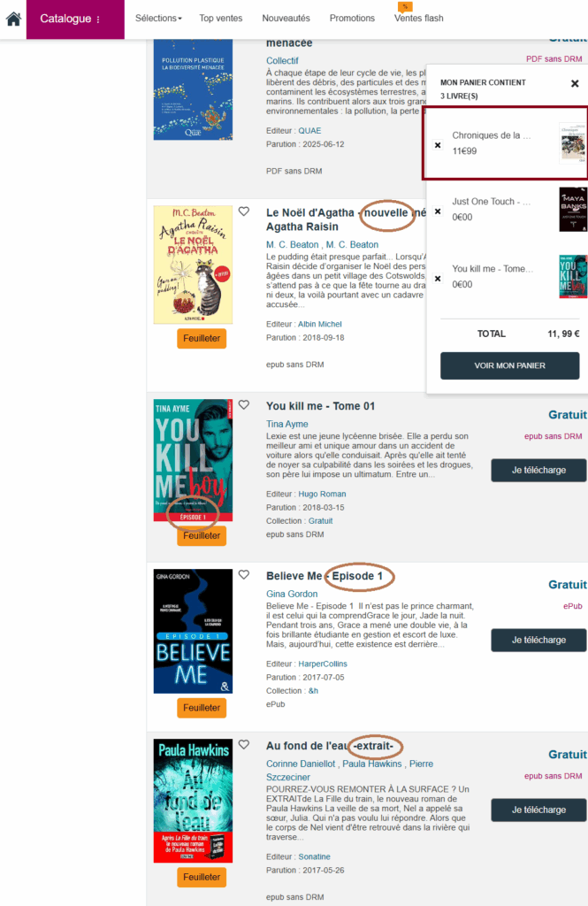 Capture d'écran du site La Librairie, section ebooks gratuits. On voit que les livres complets sont ajoutés au panier avec un prix d'achat, et que les livres gratuits sont des extraits ou des nouvelles.