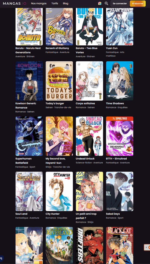 Capture d'écran du catalogue en ligne mangas.io