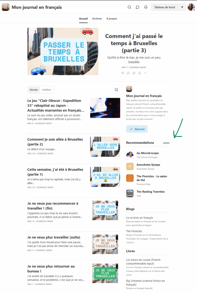 Capture d'écran de la publication Substack "Mon journal en français" où je pointe la section "Recommandations".