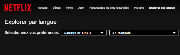 Capture d'écran de l'interface web de Netflix où on voit le sélecteur de langue du catalogue