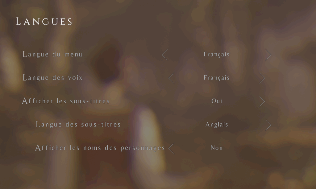 Capture de l'écran de sélection des langues du jeu "A plague tale". On voit qu'il est possible de choisir la langue des voix et la langue des sous-titres séparément.